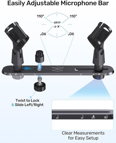 Stereo Array Spacing Mic Bar Mount, Aluminum Dual Microphone Holder with Ruled Markings & Adjustable Positioning, Fits 5/8", 3/8" & 1/4" Stands, Ideal for XY/ORTF Recording, Studio, Podcasting in Kuwait