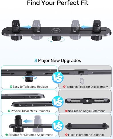 Stereo Array Spacing Mic Bar Mount, Aluminum Dual Microphone Holder with Ruled Markings & Adjustable Positioning, Fits 5/8", 3/8" & 1/4" Stands, Ideal for XY/ORTF Recording, Studio, Podcasting in Kuwait