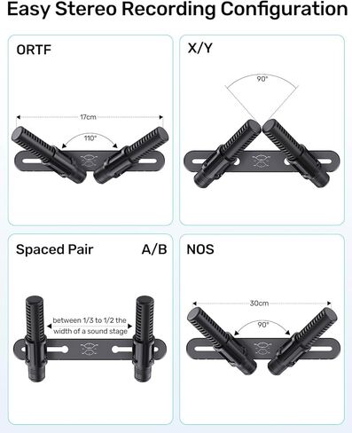 Stereo Array Spacing Mic Bar Mount, Aluminum Dual Microphone Holder with Ruled Markings & Adjustable Positioning, Fits 5/8", 3/8" & 1/4" Stands, Ideal for XY/ORTF Recording, Studio, Podcasting in Kuwait