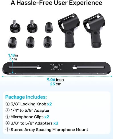 Stereo Array Spacing Mic Bar Mount, Aluminum Dual Microphone Holder with Ruled Markings & Adjustable Positioning, Fits 5/8", 3/8" & 1/4" Stands, Ideal for XY/ORTF Recording, Studio, Podcasting in Kuwait