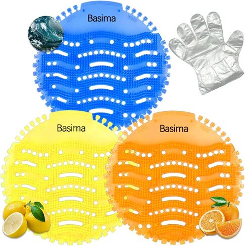 Urinal Screen Deodorizer, Basima 50-Pack Long-Lasting Scents Urinal Cakes (Ocean Breeze, Lemon, Orange), Anti-Splash Urinal Screens for Men's Bathrooms in Offices, Churches, Schools, and Restaurants in Kuwait