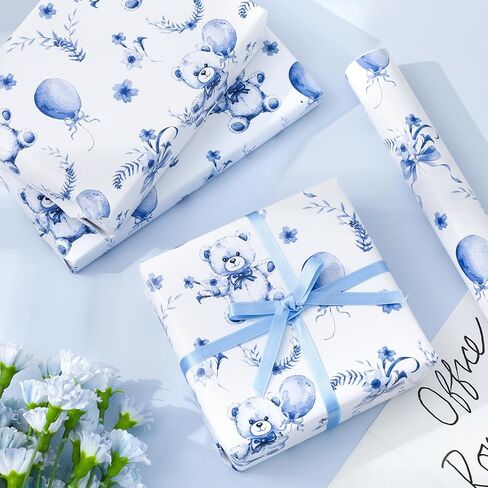 JarThenaAMCS Bear Wrapping Paper -Mini Roll- 17In x 32.8Ft Brown Balloon Bear Flower Gift Wrap Paper Baby Shower Craft Paper for DIY Craft Supplies in Kuwait