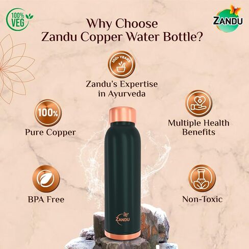 Zandu Copper Bottle (Green): Prepared with 100% Pure Copper | Useful in Promoting Overall Health (Pack of 950 ml) in Kuwait