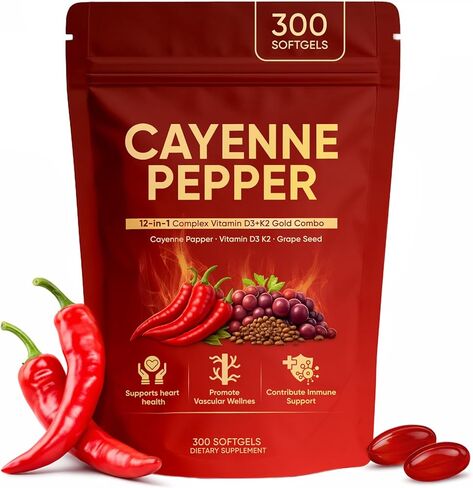 Cayenne Pepper Softgels, Organic Cayenne Pepper Capsules with Vitamins D3 K2, Grape Seed, Beet Root, Capsaicin Supplements Supports Heart and Blood Vessel Health, Non-GMO, 300 Softgels in Saudi Arabia