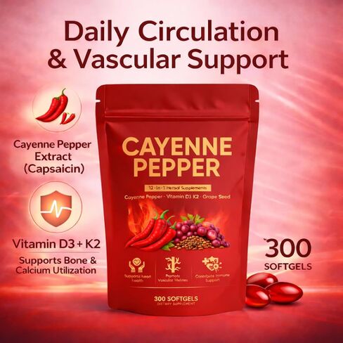 Cayenne Pepper Softgels, Organic Cayenne Pepper Capsules with Vitamins D3 K2, Grape Seed, Beet Root, Capsaicin Supplements Supports Heart and Blood Vessel Health, Non-GMO, 300 Softgels in Saudi Arabia