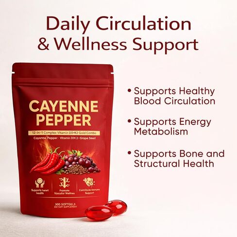 Cayenne Pepper Softgels, Organic Cayenne Pepper Capsules with Vitamins D3 K2, Grape Seed, Beet Root, Capsaicin Supplements Supports Heart and Blood Vessel Health, Non-GMO, 300 Softgels in Saudi Arabia