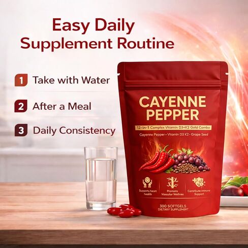 Cayenne Pepper Softgels, Organic Cayenne Pepper Capsules with Vitamins D3 K2, Grape Seed, Beet Root, Capsaicin Supplements Supports Heart and Blood Vessel Health, Non-GMO, 300 Softgels in Saudi Arabia