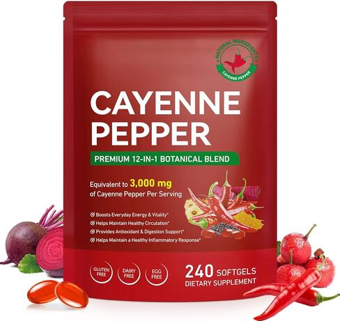 Cayenne Pepper Capsules, Capsaicin Supplements with Hawthorn, Beetroot, and Turmeric, Enriched with Vitamin D3 + K2 & E, Supports Circulation, Leg Vein, and Heart Wellness, 240 Softgels ﻿ ﻿ in Kuwait