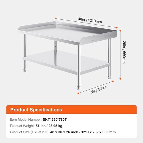 طاولة عمل من الفولاذ المقاوم للصدأ مقاس 30 × 48 × 26 بوصة من Happybuy، ارتفاع قابل للتعديل، طاولة إعداد الطعام التجارية مع سبلاش خلفية ثلاثية الجوانب للمطبخ، المطعم، الفندق in Saudi Arabia