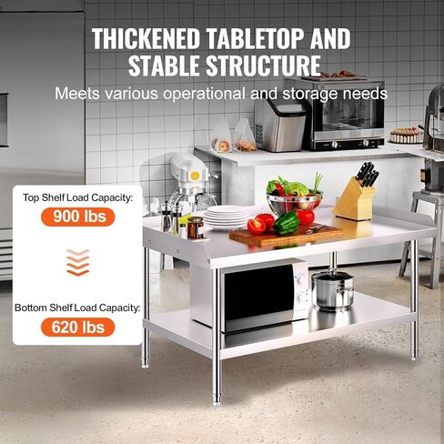 طاولة عمل من الفولاذ المقاوم للصدأ مقاس 30 × 48 × 26 بوصة من Happybuy، ارتفاع قابل للتعديل، طاولة إعداد الطعام التجارية مع سبلاش خلفية ثلاثية الجوانب للمطبخ، المطعم، الفندق in Saudi Arabia
