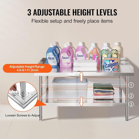 طاولة عمل من الفولاذ المقاوم للصدأ مقاس 30 × 48 × 26 بوصة من Happybuy، ارتفاع قابل للتعديل، طاولة إعداد الطعام التجارية مع سبلاش خلفية ثلاثية الجوانب للمطبخ، المطعم، الفندق in Saudi Arabia