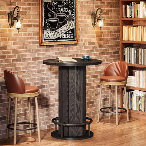 Tribesigns Round Dining Table Set of 2, Bar Height Commercial Kitchen Table with Wood Strip Base and Footrest, for Dining Room, Restaurant, Cafe, Bakery, Pub, Bistro, Apartment, Brown (Only Table) in Saudi Arabia