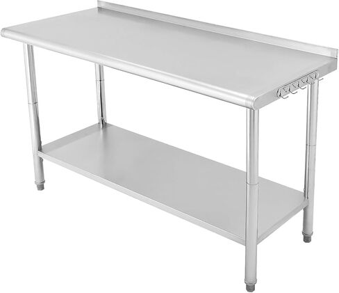 Premium Stainless Steel Table 60" x 24" with Backsplash, NSF Certified, Adjustable Undershelf & 5 Hooks - Heavy Duty Workbench for Home, Kitchen, Restaurant & Outdoor Use in Kuwait