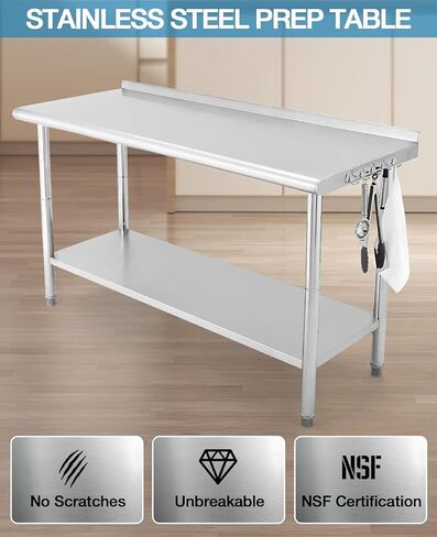 Premium Stainless Steel Table 60" x 24" with Backsplash, NSF Certified, Adjustable Undershelf & 5 Hooks - Heavy Duty Workbench for Home, Kitchen, Restaurant & Outdoor Use in Kuwait