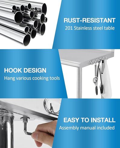Premium Stainless Steel Table 60" x 24" with Backsplash, NSF Certified, Adjustable Undershelf & 5 Hooks - Heavy Duty Workbench for Home, Kitchen, Restaurant & Outdoor Use in Kuwait