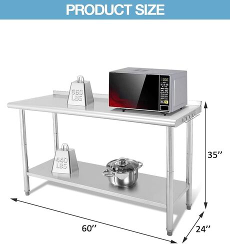 Premium Stainless Steel Table 60" x 24" with Backsplash, NSF Certified, Adjustable Undershelf & 5 Hooks - Heavy Duty Workbench for Home, Kitchen, Restaurant & Outdoor Use in Kuwait