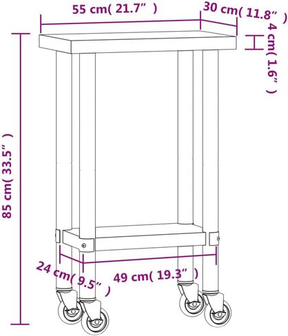 vidaXL Stainless Steel Kitchen Work Table on Wheels - 21.7"x11.8"x33.5" | Mobile Prep Station for Restaurants, Bars, Homes in Kuwait