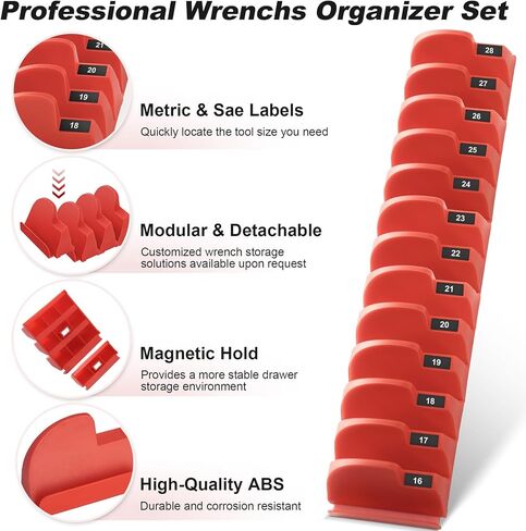 32PCS Magnetic Wrench Organizer - Modular Wrench Holder Set for Tool Drawer Storage, With Metric & SAE Labels, Tool Holder for DIY Mechanics, Fit for Screwdriver, Ratchet, Widget - Red in Saudi Arabia