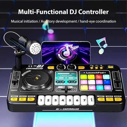 Kids DJ Controller DJ Mixer Table DJ Equipment with BT 5.0 Adjustable Microphone 8 Electronic Keyboard Buttons 3 Disc Sound Effects 12 MIDI Songs Light-Up Whack-A-Mole Game in Saudi Arabia