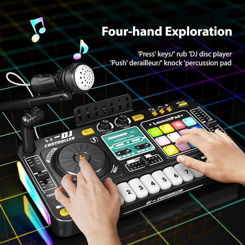 Kids DJ Controller DJ Mixer Table DJ Equipment with BT 5.0 Adjustable Microphone 8 Electronic Keyboard Buttons 3 Disc Sound Effects 12 MIDI Songs Light-Up Whack-A-Mole Game in Saudi Arabia