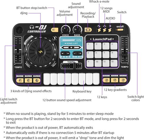 Kids DJ Controller DJ Mixer Table DJ Equipment with BT 5.0 Adjustable Microphone 8 Electronic Keyboard Buttons 3 Disc Sound Effects 12 MIDI Songs Light-Up Whack-A-Mole Game in Saudi Arabia