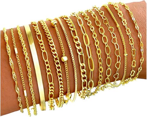 16 PCS Gold Bracelets for Women, Dainty Bracelets Set for Women Trendy, Gold Stackable Cuban Link Paperclip Chain Bracelet Pack Jewelry Gifts for Women ﻿ in Kuwait