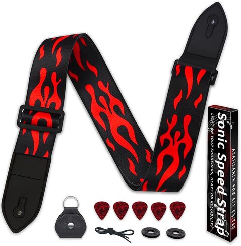 Guitar Strap,Acoustic Electric Guitar Straps With Leather Pick Box and 5 PCS Picks Guitar Accessories,Best Gifts for Kids, Guitarists(Red) in Kuwait