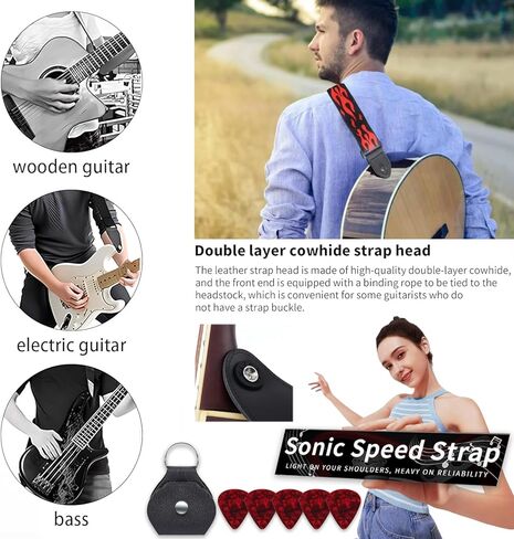 Guitar Strap,Acoustic Electric Guitar Straps With Leather Pick Box and 5 PCS Picks Guitar Accessories,Best Gifts for Kids, Guitarists(Red) in Kuwait