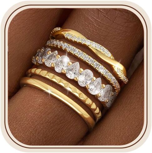 Stackable Gold Silver Rings for Women Non Tarnish Dainty 14K Gold/Silver Plated Stacking Thumb Ring Set Cubic Zirconia Eternity Wedding Bands Engagement Rings for Women Gold Jewelry Size 6-11 in Kuwait