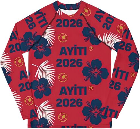 Youth Rash Guard Inspired by Haiti Flag Colors and Patterns and Hisbicus Flower in Saudi Arabia