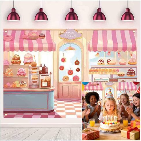 MAQTT Sweet Shoppe خلفية للفتيات حفلة عيد ميلاد الديكور الوردي الحلو Shoppe خلفية التصوير الفوتوغرافي لاستحمام الطفل لطيف كريم كعكة الصورة كشك استوديو كعكة ديكور الجدول 7X5ft in Kuwait