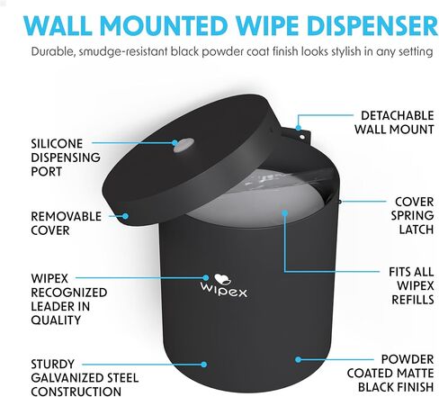 موزع حائط للمناديل المبللة باللون الأسود من Wipex: منفذ من الفولاذ المتين والسيليكون الفاخر، موزع حائط سهل التركيب لمناديل الصالة الرياضية - يناسب بكرات إعادة التعبئة المعقمة، مثالي للمدارس واللياقة البدنية والمرافق العامة in Kuwait