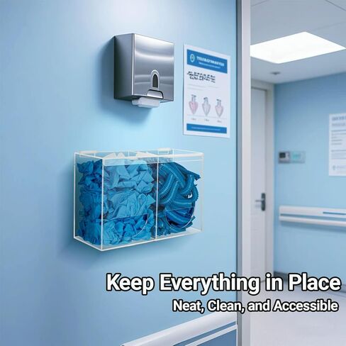 Glove Dispenser Wall Mounted Medical Glove Holder with 2 Compartment Clear Acrylic Hygiene Dispenser for Hair Nets, Shoe Covers, Beard Nets - Sanitation Station Storage Organizer in Saudi Arabia