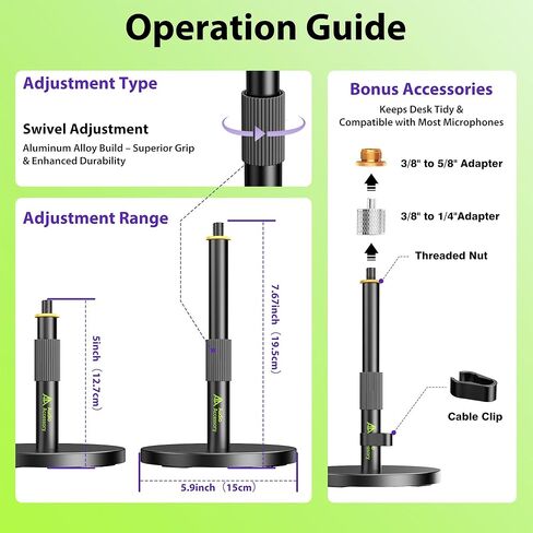 Short Mic Stand Desk, Ultra Low 5 Inch Adjustable, 6.6lbs Load Capacity, All-Metal Desktop Microphone Stand Table for Shure SM7B SM7dB MV7+ MV7X MV6, Fifine Yeti Rode PodMic MAONO in Kuwait