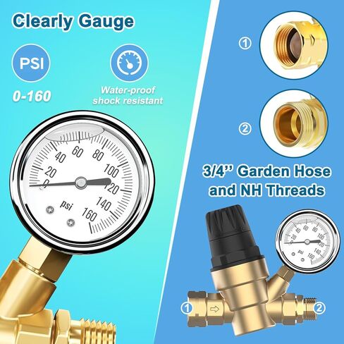 قيمة منظم ضغط المياه RV للتخييم RV وخياط السفر، منظم ضغط مياه نحاسي خالٍ من الرصاص مع مقياس ومقبض تعديل المقبض، والمرشحات in Kuwait