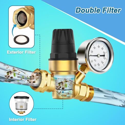 قيمة منظم ضغط المياه RV للتخييم RV وخياط السفر، منظم ضغط مياه نحاسي خالٍ من الرصاص مع مقياس ومقبض تعديل المقبض، والمرشحات in Kuwait