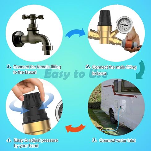 قيمة منظم ضغط المياه RV للتخييم RV وخياط السفر، منظم ضغط مياه نحاسي خالٍ من الرصاص مع مقياس ومقبض تعديل المقبض، والمرشحات in Kuwait