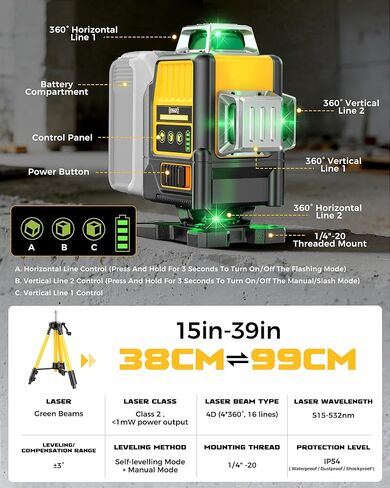 Laser Level with Tripod Compatible with DeWalt 20V Battery, 4D Green 16-Line 4x360° Self Leveling Lazer Leveler Tool for Construction, Floor Tile, Home Renovation, Indoor Use, NO Battery in Kuwait
