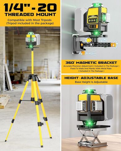 Laser Level with Tripod Compatible with DeWalt 20V Battery, 4D Green 16-Line 4x360° Self Leveling Lazer Leveler Tool for Construction, Floor Tile, Home Renovation, Indoor Use, NO Battery in Kuwait