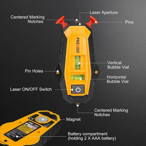 PREXISO 2-in-1 Line Laser Level with Magnetic Stud Finder, Compact Wood & Metal Detector with Bubble Vials for Accurate Markings, Multi Surface Wall Scanners Tool for Hanging Frames & Pictures in Saudi Arabia