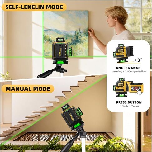 16 Lines Laser Level with Tripod - 360° Cross Line Laser with Tripod, 4D Green Laser Level, 4x360 Self Leveling Tool for Picture Hanging, Home Renovation, Indoor Project, 2 Batteries Included in Saudi Arabia