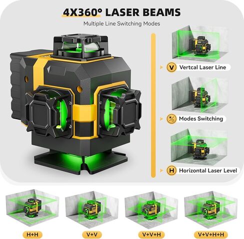 16 Lines Laser Level with Tripod - 360° Cross Line Laser with Tripod, 4D Green Laser Level, 4x360 Self Leveling Tool for Picture Hanging, Home Renovation, Indoor Project, 2 Batteries Included in Saudi Arabia