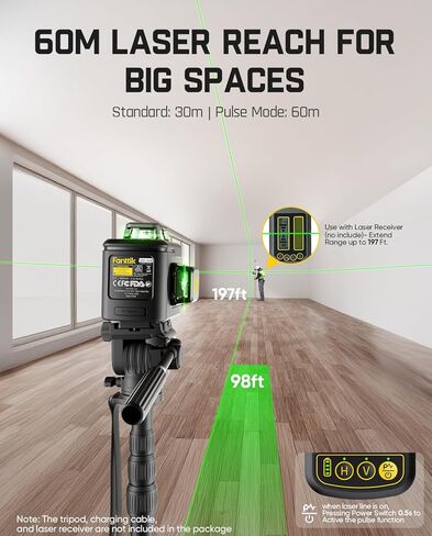 Fanttik D12 Ace Laser Level 360 مستوى ذاتي التسوية، ليزر متقاطع أخضر ثلاثي الأبعاد قابل لإعادة الشحن 3x360 درجة، وضع النبض الخارجي، IP54 متين، سهل الاستخدام للبناء وتعليق الصور in Kuwait