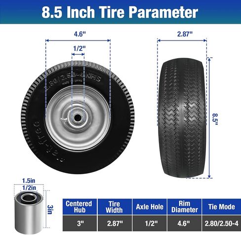 8.5" Flat Free Solid Polyurethane Tire and Wheel, 2.80/2.50-4 PU Airless Tires with 1/2" Ball Bearings, 3" Centered Hub for Hand Truck/Utility Cart/Dollies/Garden Trailers/Various Carts, 1 Pc in Saudi Arabia