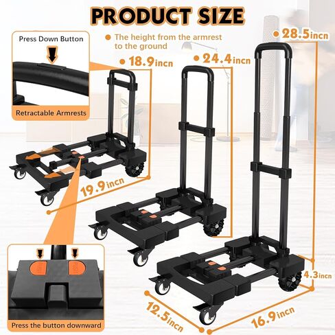 شاحنة يدوية شديدة التحمل بسعة 500 رطل مع مقبض قابل للسحب بلمسة واحدة ولوحة قابلة للتمديد، عربة دوللي محمولة قابلة للطي مع 4 عجلات مع مكابح عربة أمتعة قابلة للطي للسفر/الاستخدام المنزلي، أسود in Kuwait