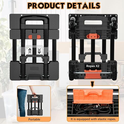 شاحنة يدوية شديدة التحمل بسعة 500 رطل مع مقبض قابل للسحب بلمسة واحدة ولوحة قابلة للتمديد، عربة دوللي محمولة قابلة للطي مع 4 عجلات مع مكابح عربة أمتعة قابلة للطي للسفر/الاستخدام المنزلي، أسود in Kuwait