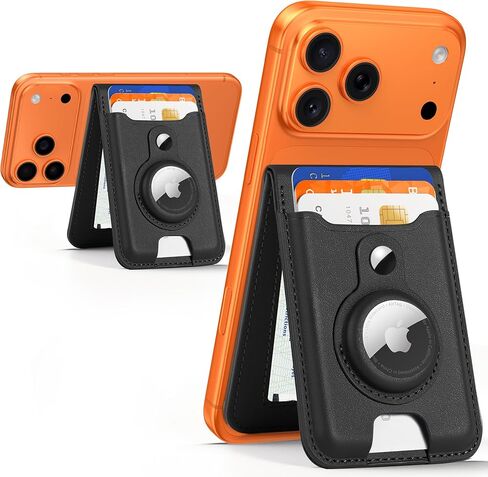 HiWe for Magsafe Wallet Stand with Airtag Holder, Strong Magnetic Card Holder for iPhone 15/14/13/12 Series, Vegan Leather, 3 Slots, Fit 6 Cards, RFID Blocking, Black in Kuwait