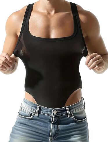 ملابس داخلية للتنحيف مضلعة للرجال من MIZOK، بدلة قطعة واحدة مضغوطة من الخلف، ملابس تحتية للمصارعة، أسود S in Kuwait