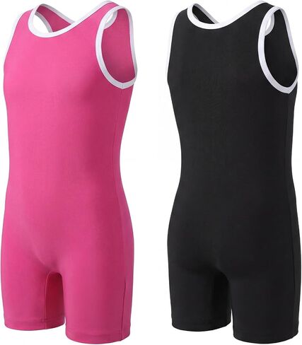 2 Pcs Youth Wrestling Singlet, Full-coverage Standard Wrestling Singlet for Youth Girls Aged 7-9 and 4'3"-4'7" Tall, Breathable Stretchable Fabric for Training Gymnastics, Black & Rose Pink(L) in Saudi Arabia