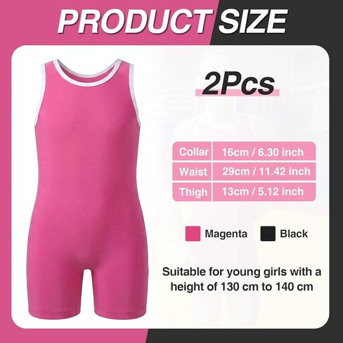 2 Pcs Youth Wrestling Singlet, Full-coverage Standard Wrestling Singlet for Youth Girls Aged 7-9 and 4'3"-4'7" Tall, Breathable Stretchable Fabric for Training Gymnastics, Black & Rose Pink(L) in Saudi Arabia